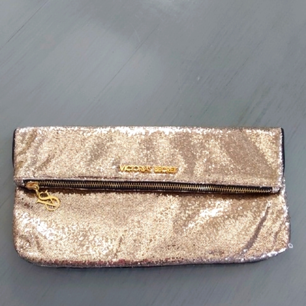 Victoria's Secret Gold Metallic Shimmer Clutch Bag Top Zip Mirror inc. Sz.Large